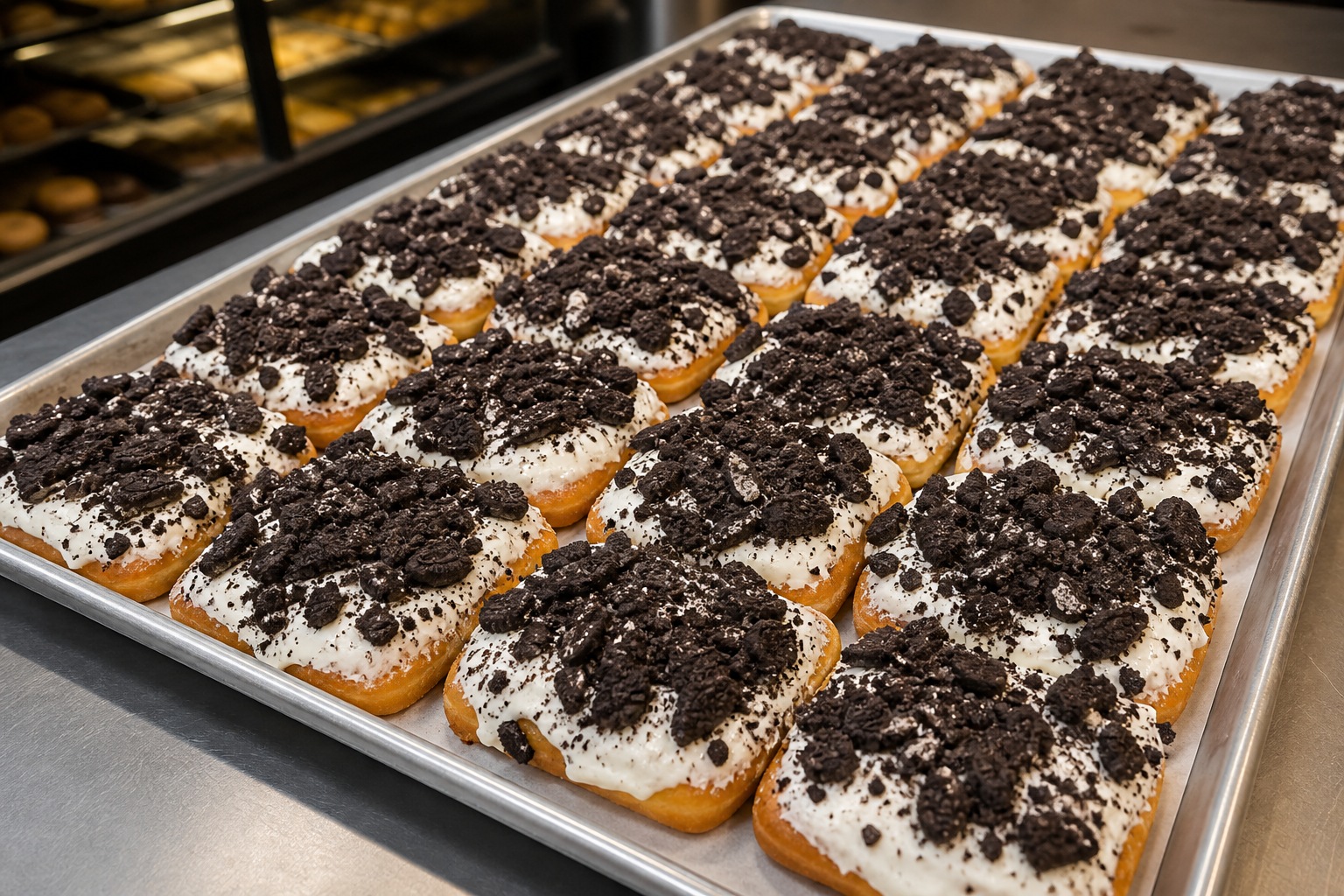Large tray of cookies-and-cream topped bakery pastries