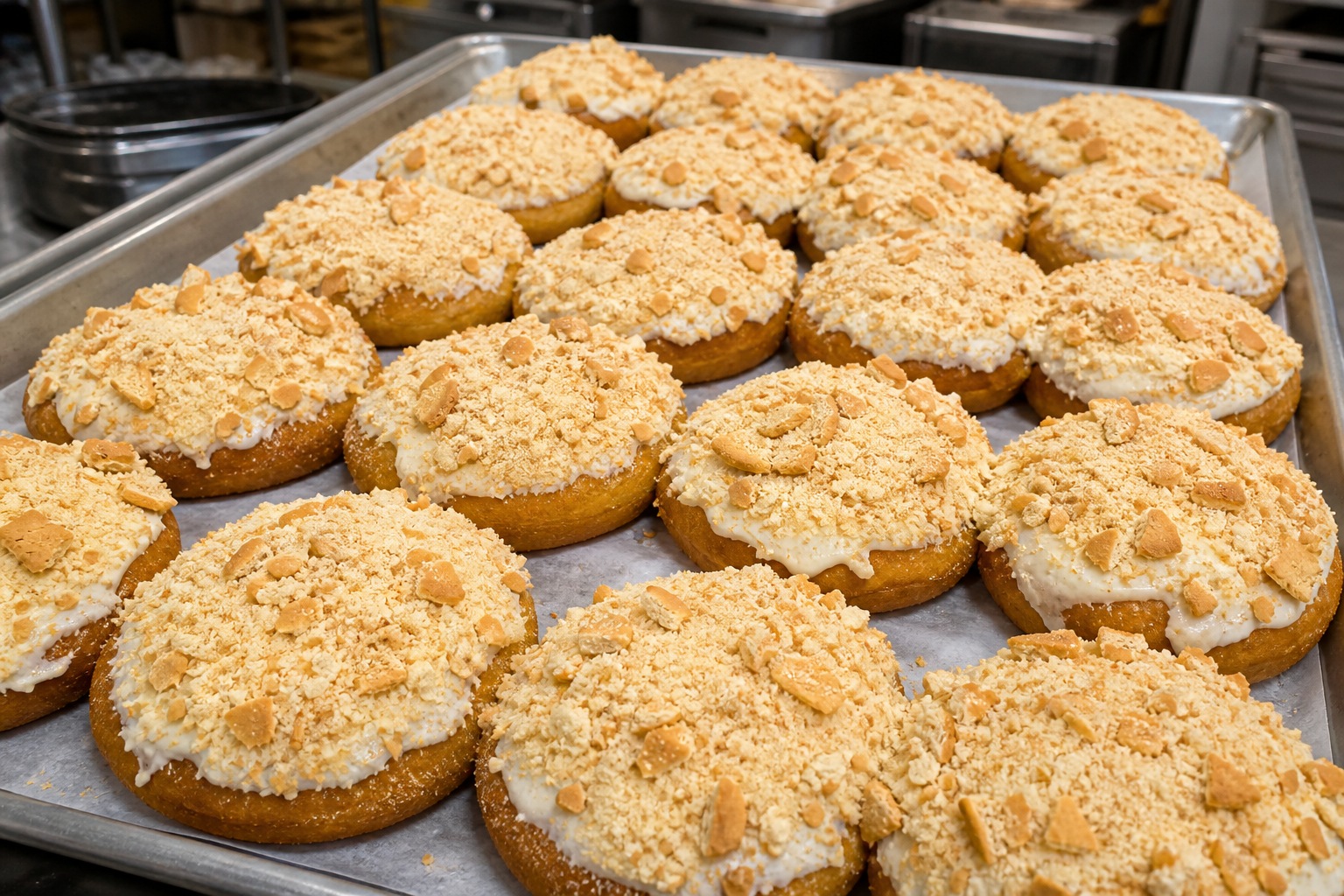 Tray of oversized crumb-topped donuts