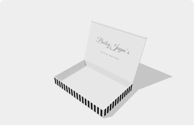 Preview of an empty striped bakery box, ready for your six sample choices